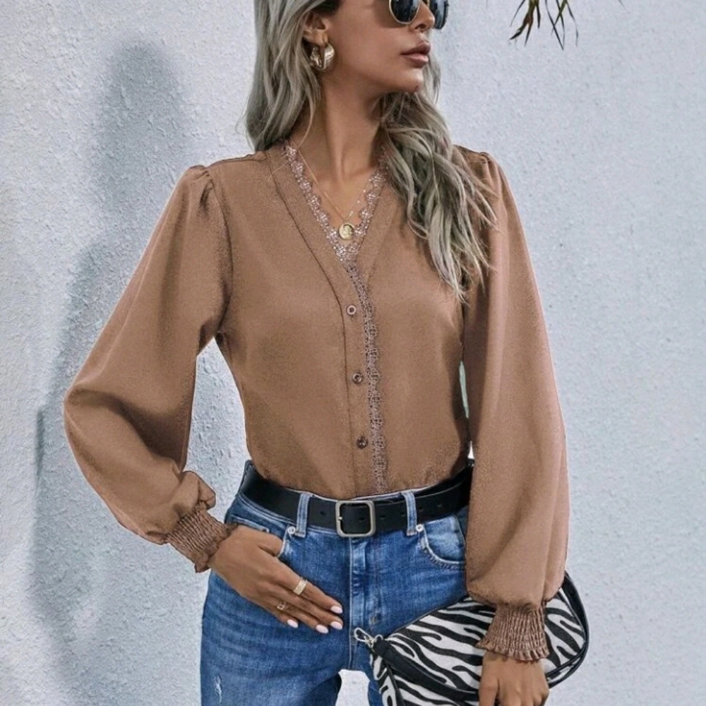 Brown button up lace design blouse